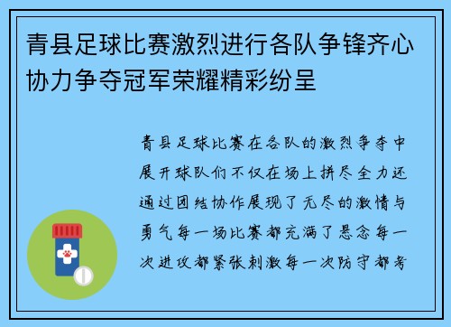 青县足球比赛激烈进行各队争锋齐心协力争夺冠军荣耀精彩纷呈
