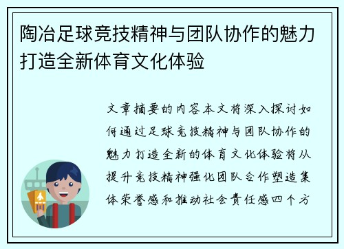 陶冶足球竞技精神与团队协作的魅力打造全新体育文化体验