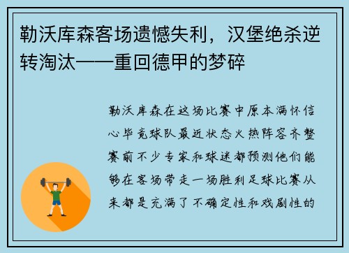 勒沃库森客场遗憾失利，汉堡绝杀逆转淘汰——重回德甲的梦碎