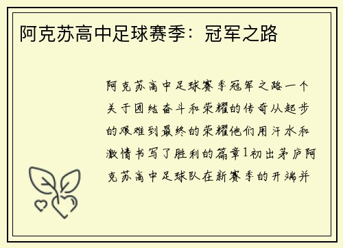 阿克苏高中足球赛季：冠军之路