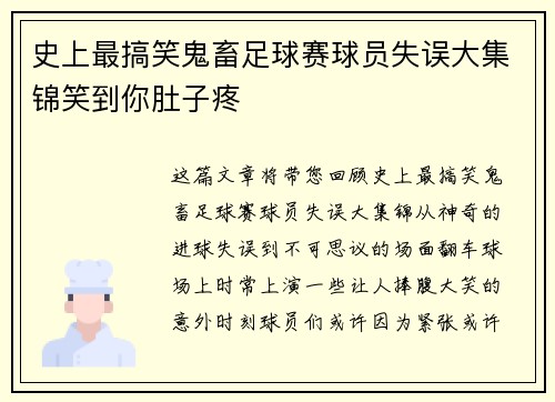 史上最搞笑鬼畜足球赛球员失误大集锦笑到你肚子疼