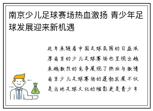 南京少儿足球赛场热血激扬 青少年足球发展迎来新机遇
