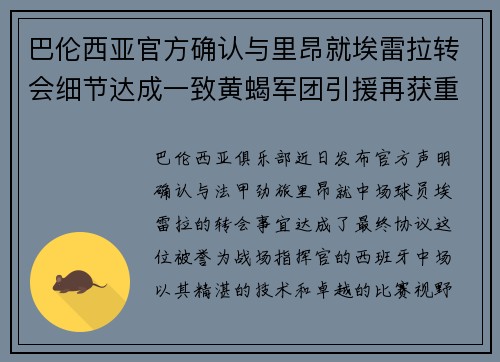 巴伦西亚官方确认与里昂就埃雷拉转会细节达成一致黄蝎军团引援再获重要战利品