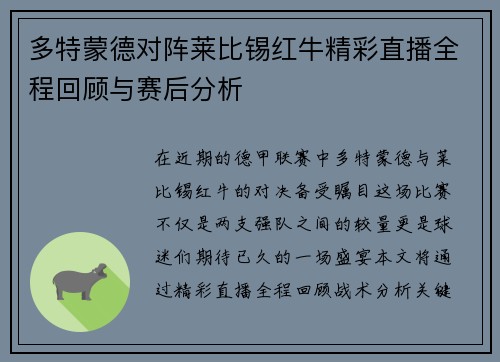 多特蒙德对阵莱比锡红牛精彩直播全程回顾与赛后分析
