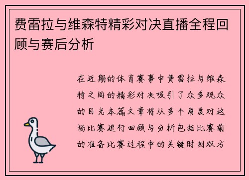 费雷拉与维森特精彩对决直播全程回顾与赛后分析