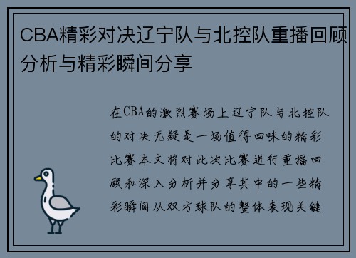 CBA精彩对决辽宁队与北控队重播回顾分析与精彩瞬间分享