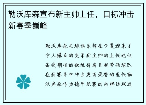 勒沃库森宣布新主帅上任，目标冲击新赛季巅峰