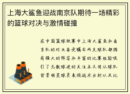 上海大鲨鱼迎战南京队期待一场精彩的篮球对决与激情碰撞