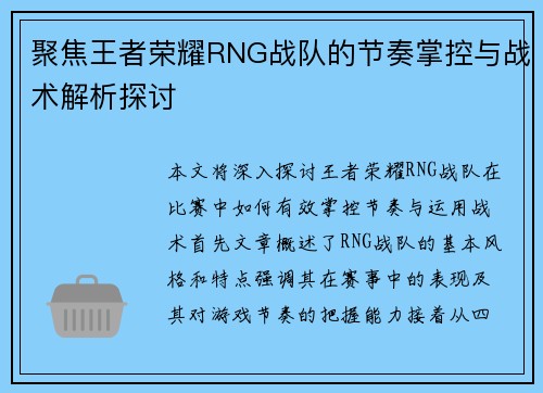 聚焦王者荣耀RNG战队的节奏掌控与战术解析探讨