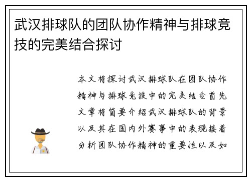 武汉排球队的团队协作精神与排球竞技的完美结合探讨