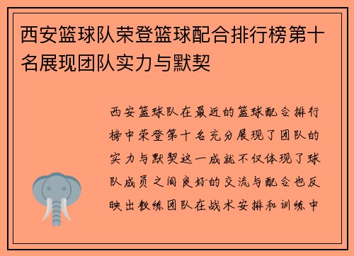 西安篮球队荣登篮球配合排行榜第十名展现团队实力与默契