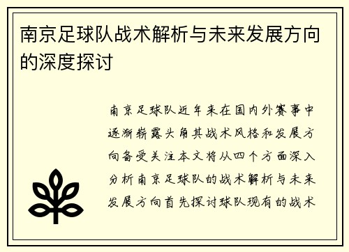 南京足球队战术解析与未来发展方向的深度探讨